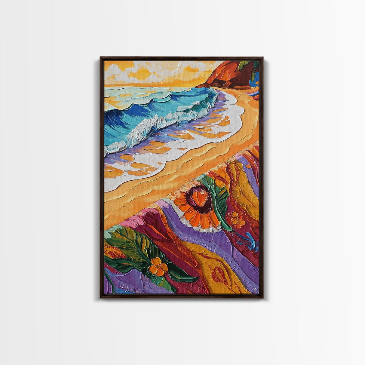 Shore Blanket, Waves, Golden, Canvas Print, tropical boho decor, beach sunset wall art, oceanview relaxation scene, summer bathroom decor