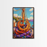 Nautical Rope, Dock, Summer, Framed Canvas Print, Nautical Rope Wall Art, Summer Decor, Bright Harbor Painting, Beach House Wall Accent