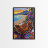 Saddle Sunset, Coastal, Rustic, Framed Canvas Print, Coastal Wall Art, Western Sunset Decor, Rustic Summer Vibes, Living Room Boho Artwork