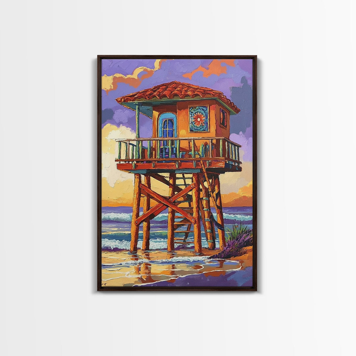 Lifeguard Ocean, Surf, Sunset, Framed Canvas Print, Vibrant Lifeguard Tower Canvas, Surf Shack Painting, Beach Wall Art, Living Room Accent