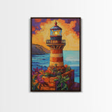 Lighthouse Ocean, Sunset, Boho, Framed Canvas Print, Lighthouse Wall Art, Coastal Decor, Nautical Sunset Canvas, Living Room Boho Artwork