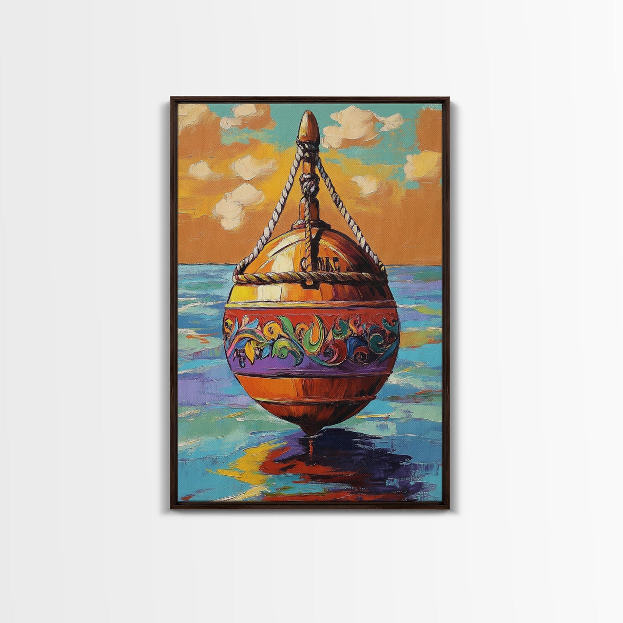 Buoy Sea, Sunset, Nautical Ocean Wall Art, Beach House Decor, Coastal Colorful Accent, Tropical Framed Canvas Print
