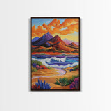 Mountain Coast, Sunset, Bold Desert Landscape Painting, Nature Adventure Art, Office Wall Decor, Framed Canvas Print