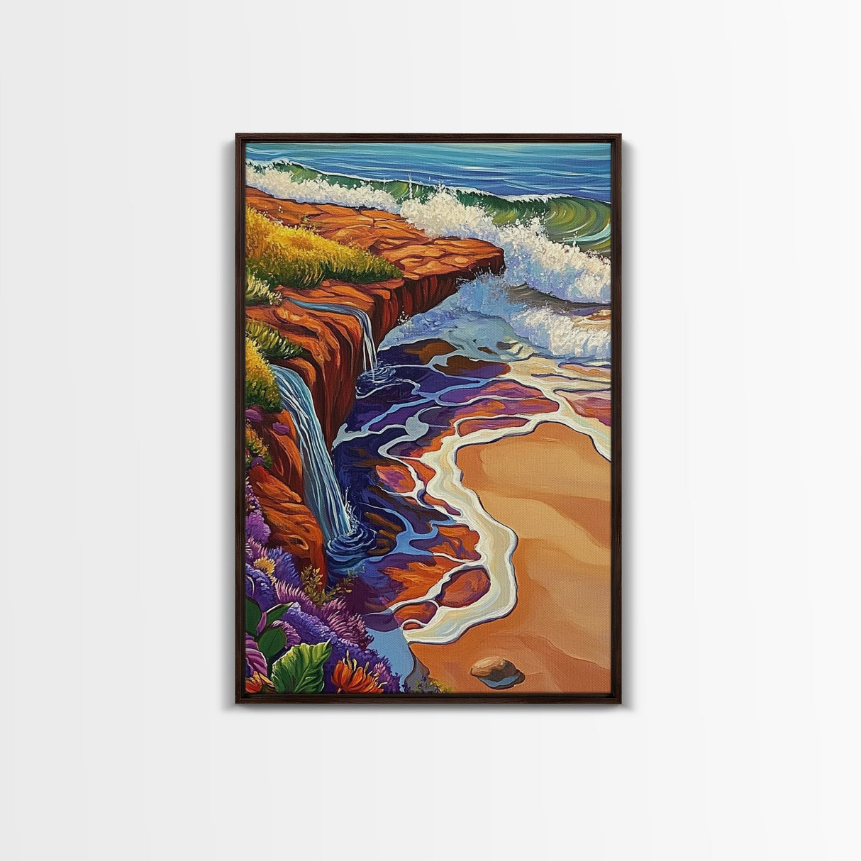 Waterfall Beach, Sunset, Coastal Landscape Framed Canvas Print, Colorful Ocean Wall Decor, Living Room Coastal Art, Seaside Painting