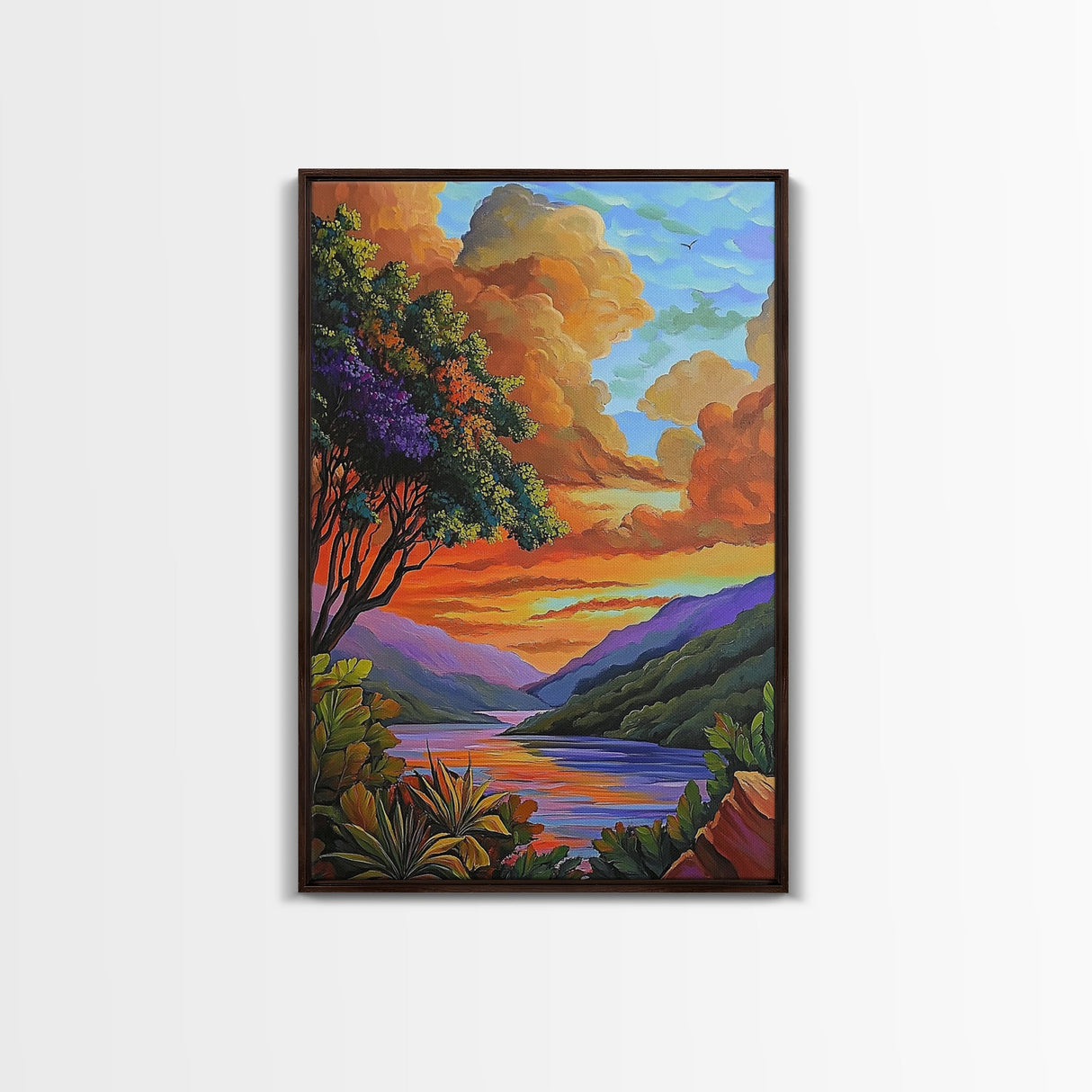 Sunset Lake, Tree, Vivid Nature Framed Canvas Print, Autumn Scenic Wall Art, Bedroom Fall Landscape Decor, Impressionist Style