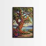 Majestic Tree, Lakeside, Sunset Canvas Print, Nature Lover’s Wall Art, Cabin Living Room Decor, Whimsical Landscape Painting