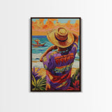Seaside Man, Sunset, Framed Canvas Print, Vibrant beach artwork, coastal boho decor, hallway wall art, Mexico travel scene painting