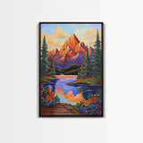 Mountain Sunset, Floral, Lakeview Framed Canvas Print, Bold Nature Landscape, Entryway Autumn Art, Vibrant Boho Wall Decor