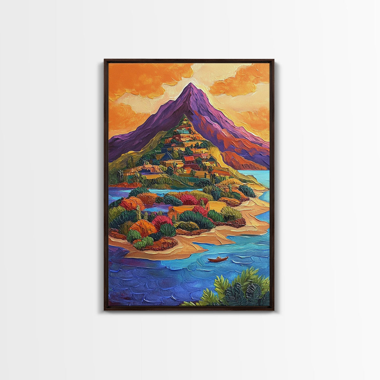 Mountain Village, Sunset, Adventure, Framed Canvas Print, Bright Landscape Wall Art, Colorful Home Decor, Eclectic Living Room Art