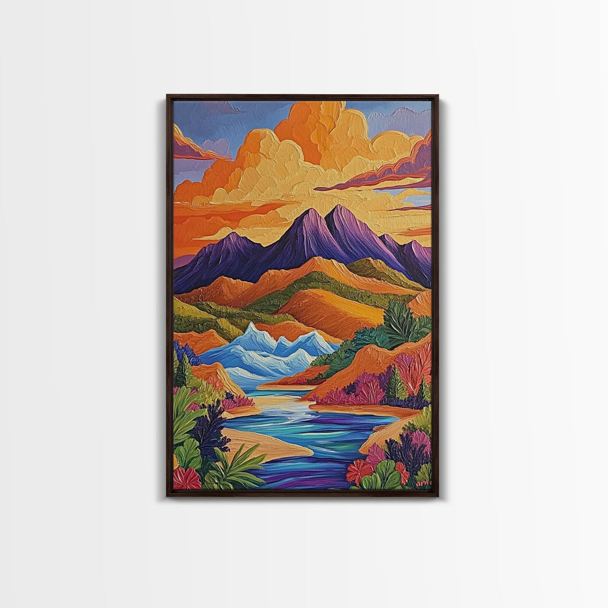 Sunset River, Mountain, Scenic, Framed Canvas Print, Bold Landscape Art, Modern Boho Wall Decor, Nature Scene Living Room Accent