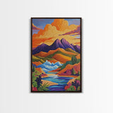 Sunset River, Mountain, Scenic, Framed Canvas Print, Bold Landscape Art, Modern Boho Wall Decor, Nature Scene Living Room Accent