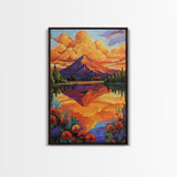 Mountain Reflection, Lake, Sunset, Framed Canvas Print, Vibrant Nature Wall Art, Rustic Cabin Decor, Bold Sunset Landscape Painting