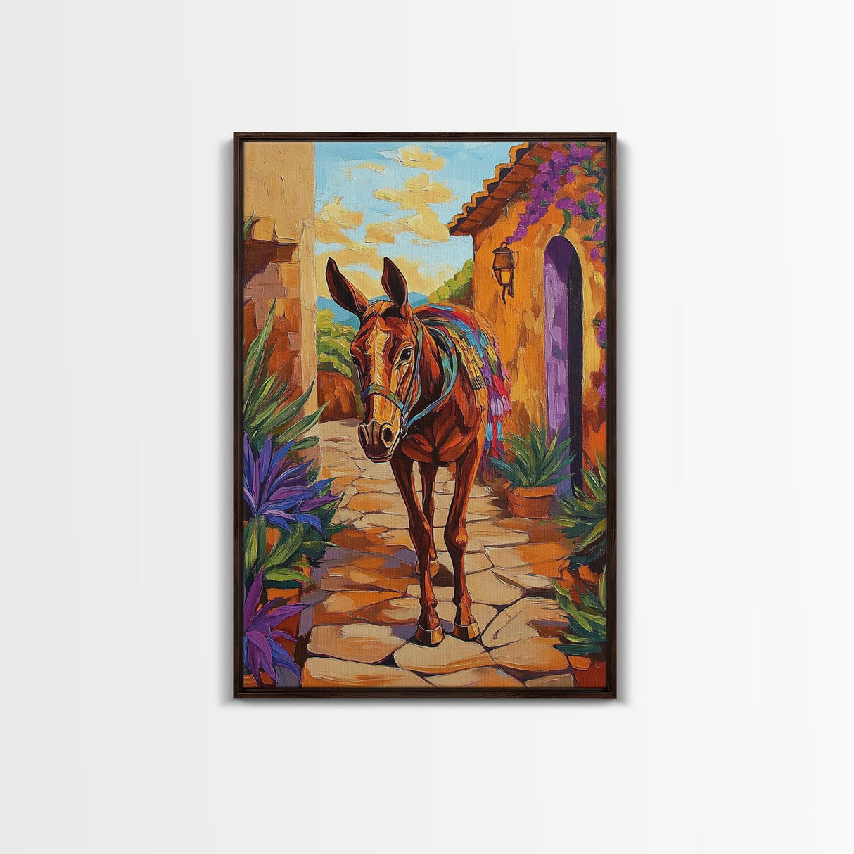 Donkey Village, Rustic, Whimsy, Framed Canvas Print, Southwestern Farmhouse Decor, Colorful Animal Wall Art, Entryway Accent Piece