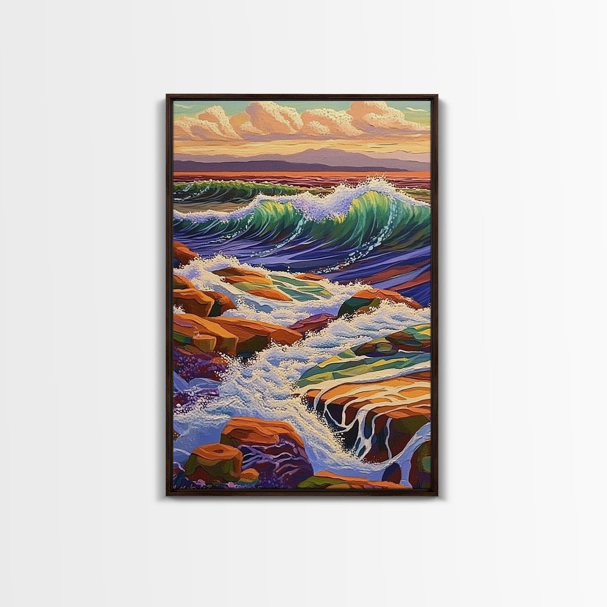 Waves Rocky, Shoreline, Sunset, Framed Canvas Print, Coastal Nature Art, Vibrant Seascape Wall Decor, Bathroom or Living Room Art