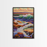 Waves Rocky, Shoreline, Sunset, Framed Canvas Print, Coastal Nature Art, Vibrant Seascape Wall Decor, Bathroom or Living Room Art