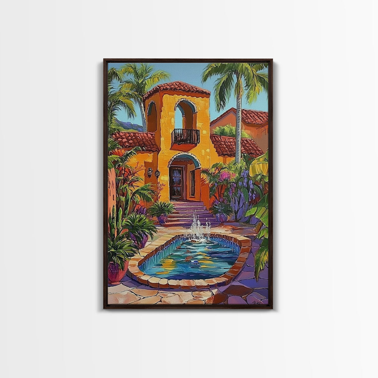 Spanish Fountain, Courtyard, Tropical, Framed Canvas Print, Vibrant Summer Wall Art, Hacienda Living Room Decor, Eclectic Boho Style