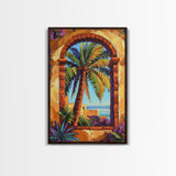 Palm Tree, Tropical Window, Coastal Home, Framed Canvas Print, beach wall art, boho art, Mediterranean decor, Kitchen Wall Art