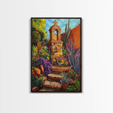 Garden Shrine, Stone Steps, Mission Style, Framed Canvas Print, colorful religious art, desert decor, boho rustic, Living Room Wall Art