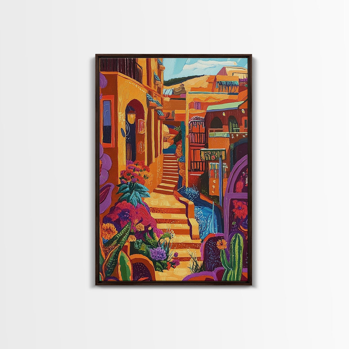 Adobe Village, Desert Color, Southwest Scene, Bright Homes, Framed Canvas Print, Living Room Wall Art, boho rustic art, warm decor