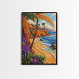 Tropical Beach, Huts, Framed Canvas Print, Island paradise artwork, palm tree coastal decor, bathroom or entryway art, boho summer scene
