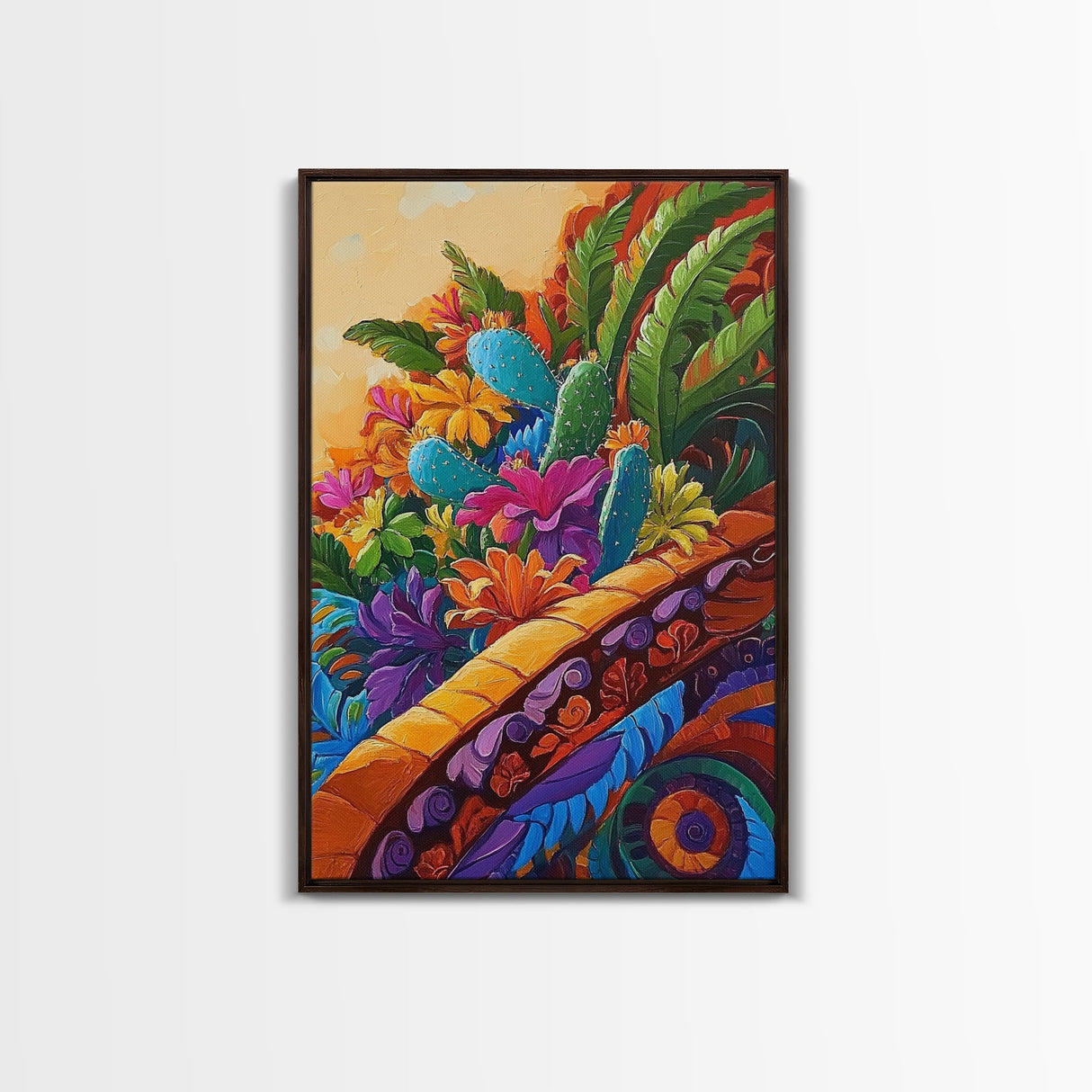 Fiesta Garden, Cactus Flowers, Bright Patio, Mexican Blooms, Framed Canvas Print, Kitchen Wall Art, boho floral decor, folk charm