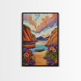 Sunset Boats, Tranquil Cove, Coastal Wall Decor, Framed Canvas Print, Beach House Art, Pastel Sky Painting, Colorful Nautical Art