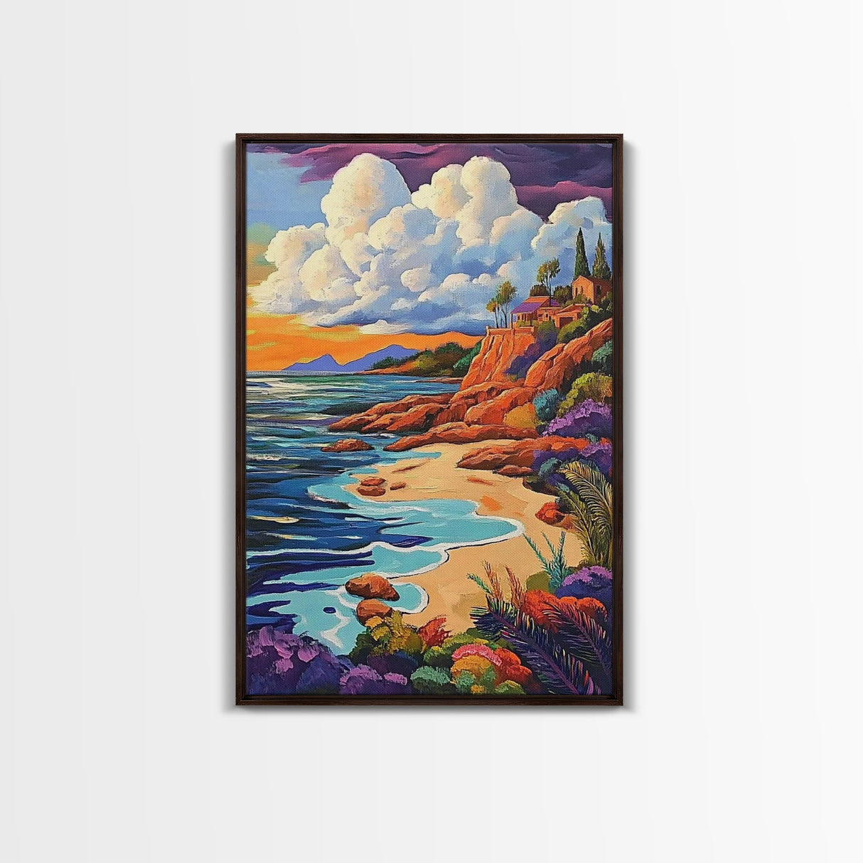 Sunset Beach, Colorful Coastline, Ocean Landscape, Canvas Print, Fall Home Decor, Living Room Wall Art, Dreamy Seaside Painting