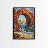 Ocean Arch, Wave Drama, Cliff Coast, Sunset Light, Framed Canvas Print, Living Room Wall Art, Coastal Landscape, Nature Inspired Art