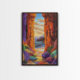 Hidden Cove, Rocky Entry, Ocean View, Sunset Moment, Framed Canvas Print, Bedroom Wall Art, Seaside Fantasy, Desert Coastal Decor