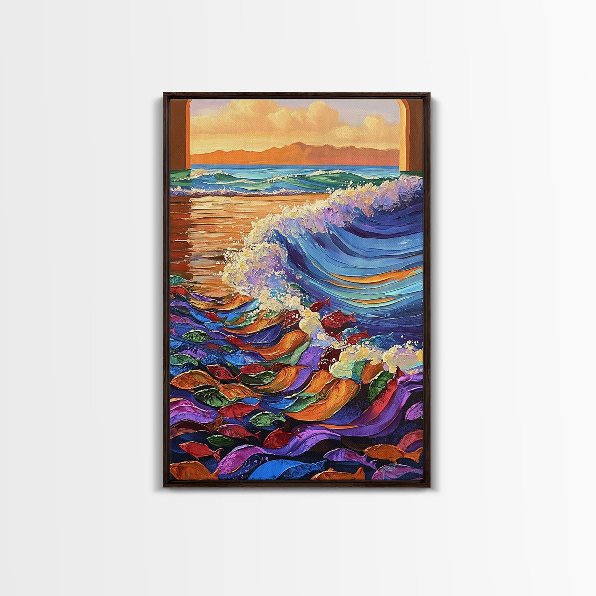 Wave Splash, Colorful Fish, Ocean Dance, Sunset Surf, Framed Canvas Print, Coastal Wall Art, Playroom Decor, Underwater Fantasy Art