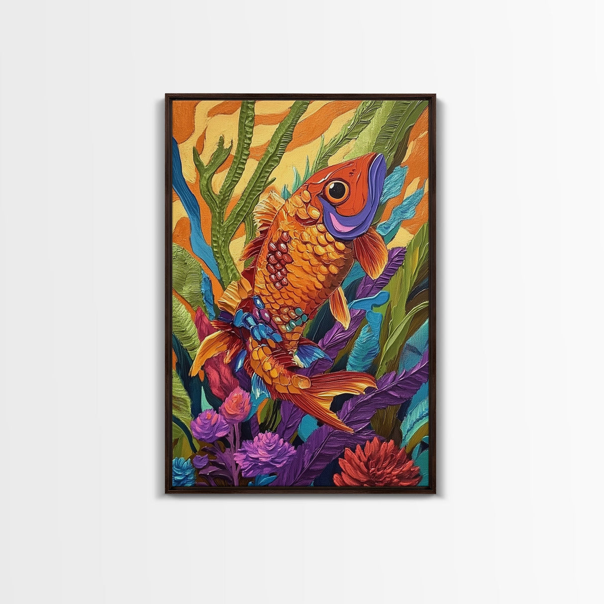 Bold Colorful Fish Art, Framed Canvas Print, Underwater wall decor, boho ocean art, tropical fish painting, bathroom wall art