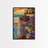 Tropical Garden Waterfall, Coastal Wall Art, Sunset Jungle Scene, Framed Canvas Print, Vibrant Nature Painting, Living Room Boho Art