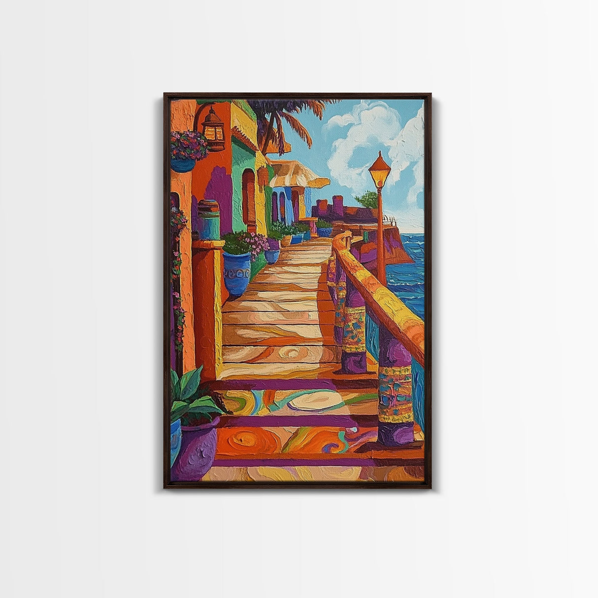 Coastal Colorful Pathway Painting, Framed Canvas Print, Boho coastal wall art, beach town painting, hallway decor, summer vibe