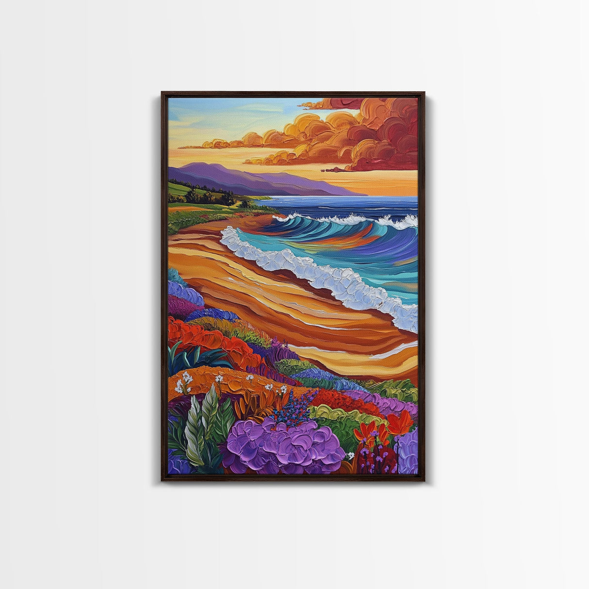 Ocean Sunset, Colorful Beach, Coastal Vibes, Tropical Flowers, Fall Wall Art, Dining Room Decor, Canvas Print, Vibrant Landscape Art