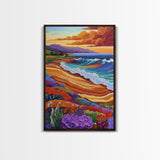 Ocean Sunset, Colorful Beach, Coastal Vibes, Tropical Flowers, Fall Wall Art, Dining Room Decor, Canvas Print, Vibrant Landscape Art
