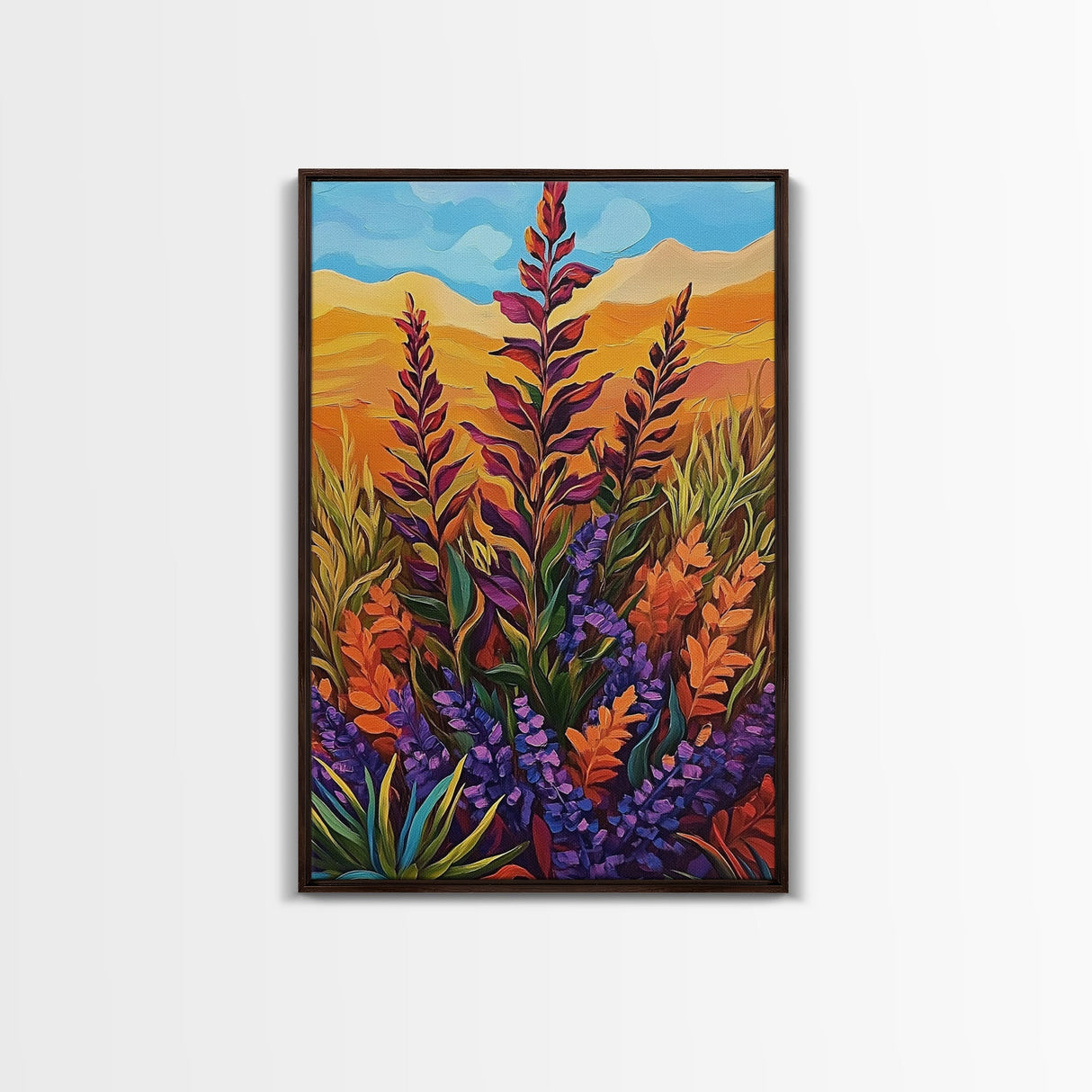 Wildflower Field, Autumn Leaves, Mountain Sunset, Earth Tones, Fall Botanical Art, Living Room Wall Art, Framed Canvas Print