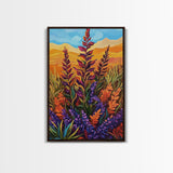 Wildflower Field, Autumn Leaves, Mountain Sunset, Earth Tones, Fall Botanical Art, Living Room Wall Art, Framed Canvas Print
