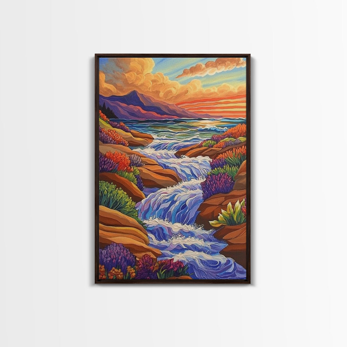 Waterfall Stream, Sunset Sky, Mountain Flow, Fall Colors, Nature Home Decor, Rustic Cabin Vibe, Canvas Print, Living Room Wall Art