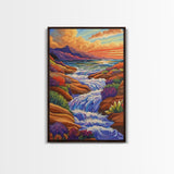 Waterfall Stream, Sunset Sky, Mountain Flow, Fall Colors, Nature Home Decor, Rustic Cabin Vibe, Canvas Print, Living Room Wall Art