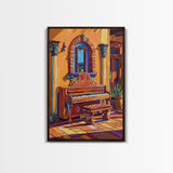 Spanish Piano, Sunlit Interior, Warm Rustic Style, Music Room Wall Art, Traditional Decor, Framed Canvas Print, Mediterranean Home Vibe