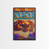 Colorful Crab, Coastal Tile Art, Beachy Wall Accent, Nautical Style, Kitchen Wall Art, Seaside Decor, Canvas Print, Tropical Vibe