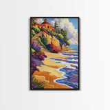 Seaside Villa, Cliffside Beach, Coastal Home Art, Warm Summer Scene, Mediterranean Decor, Canvas Print, Dining Room Wall Accent