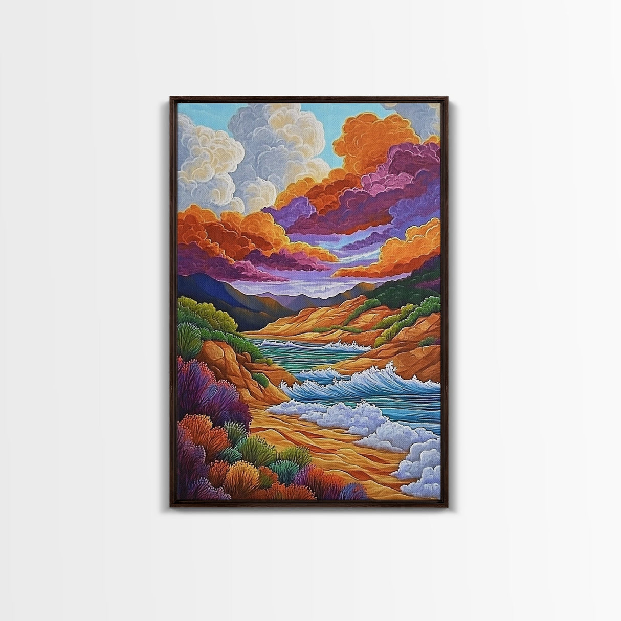 Dramatic Sky, Ocean Hills, Coastal Magic, Colorful Clouds, Framed Canvas Print, living room coastal decor, vibrant nature art, boho fall