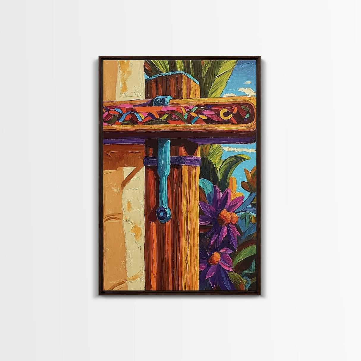 Tropical Rustic Detail Painting, Framed Canvas Print, Coastal patio wall decor, boho island house art, summer wall accent