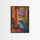Desert Garden View, Vibrant Sunset Patio, Mexican Courtyard Scene, Framed Canvas Print, Colorful Patio Art, Kitchen Wall Art, Boho Decor