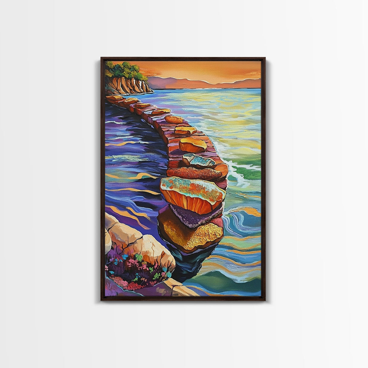 Sunset Rock Path, Ocean Wall Art, Serene Coastal Scene, Framed Canvas Print, Bohemian Living Room Decor, Water Landscape Painting