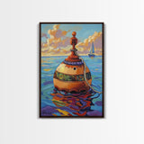 Buoy Ocean Sailboat Painting, Framed Canvas Print, Nautical boho decor, beach home wall art, coastal sunset colors, lakehouse vibe