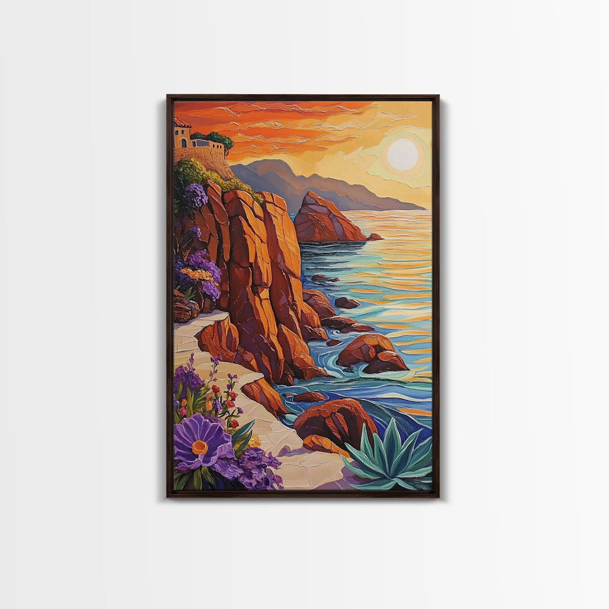 Sunset Coast, Rocky Shore, Ocean Glow, Golden Hour, Framed Canvas Print, Living Room Wall Art, Nature Landscape Decor, Coastal Fall Artwork