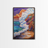 Ocean Wave, Sunset Sky, Rocky Coast, Vibrant Sea — Framed Canvas Print beach wall decor, colorful ocean art, coastal living room wall art