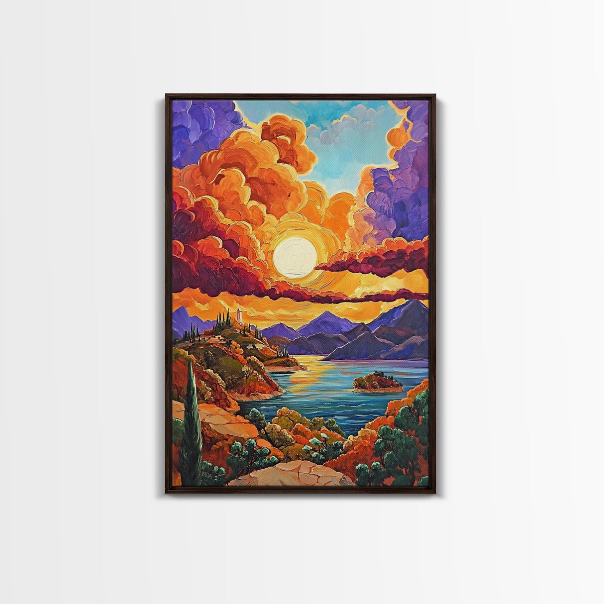 Golden Sky, Mountain Lake, Sunset Clouds, Vibrant Hills — Canvas Print whimsical nature scene, bold landscape wall decor, cozy Autumn vibe